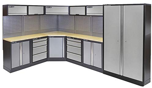 Kraftmeister Werkstatteinrichtung - Männerküche mit 8 Schubladen und 9 Schränken - Werkzeugschrank, Garage - modulares Werkbank mit Holzarbeitsplatte (Multiplex) und Werkzeugwand - Grau