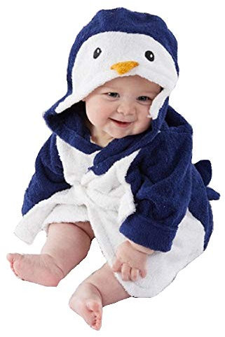 Hooyi Peignoir de bain à capuche pour bébé Motif pingouin Bleu Taille S 90 cm