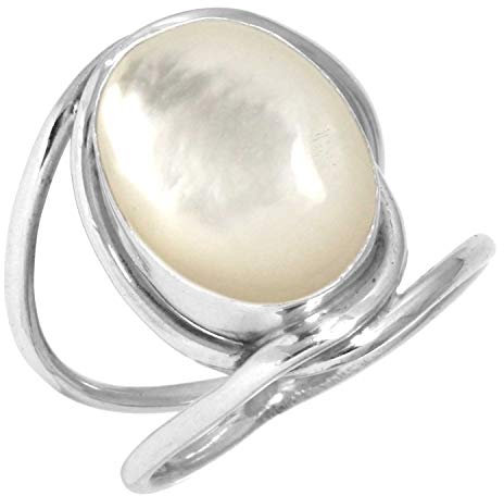 Jeweloporium Weißer Perlmutt-Silberring Größe 52 (16,6), 925 Sterling Silber Ring für Damen, Natürlicher ovaler Edelstein Handgefertigter Schmuck