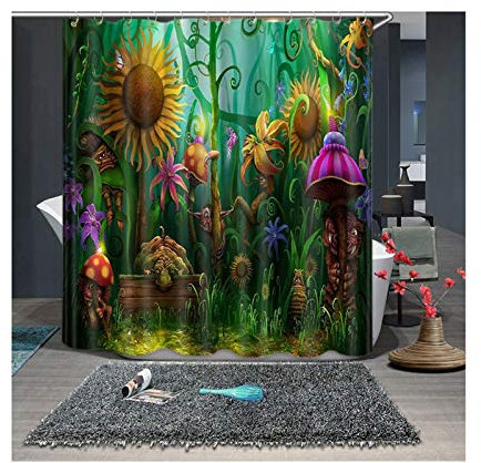 Daesar Polyester-Stoff Badvorhang Vintage Karikatur Blumen 3D Duschvorhang Antischimmel 150x180 cm