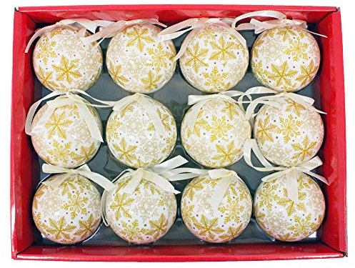 Trachtenland Kunststoff Weihnachtskugeln 6cm 12-TLG. - Schneeflocken Weiß Gold - Christbaumkugeln mit Dekor Weihnachtsschmuck Dekoration Weihnachten