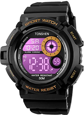 TONSHEN Mens Large Face Plastic Sport Watch with Rubber Band Multicolour LED Back Light Outdoor Military 50M Waterproof Multifunction Stopwatch Electronic Digital Wirst Watches