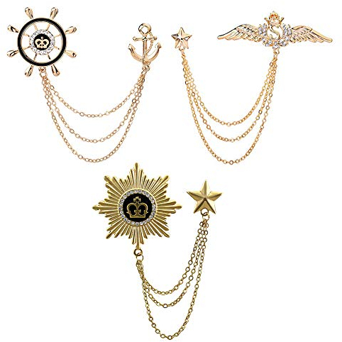Huture 3packs Élégant Broche Aile Tassel Chaîne Gouvernail Broche Bouclier Épinglette Insigne Broche Insigne Strass Vintage Corsage pour Homme Cravate Chapeau Écharpe Costume Tuxedo Or