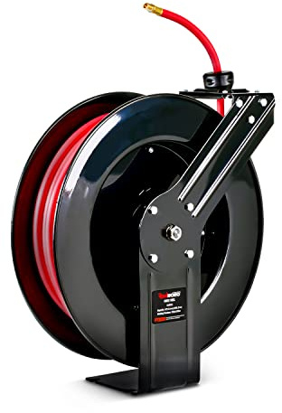ReelWorks Air Hose Reel Retractable 3/8 Inch x 80' Foot Max 300PSI Longest Ever Hybrid Polymer Hose Industrial Steel Construction