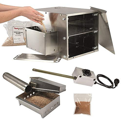 Tom Press Fumoir de table en acier inoxydable argent avec accessoire fumée froide et résistance électrique pour fumer viandes et poissons à chaud ou à froid