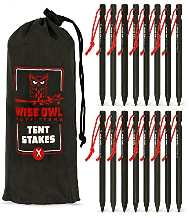 Wise Owl Outfitters Tent Stakes Heavy Duty 16 Pack – Lightweight Non-Rust Aircraft Aluminum Tent Pegs - Metal Ground Stakes for Camping, Canopy, Tarp