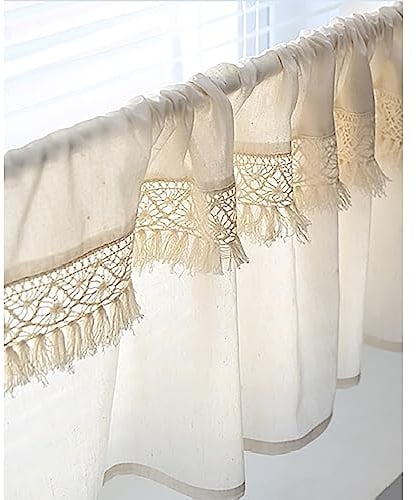 cozymomdeco Tenda da cucina in pizzo di cotone con nappa, mantovana, tenda da cucina, tenda da cucina, mantovana per finestra o casa colonica