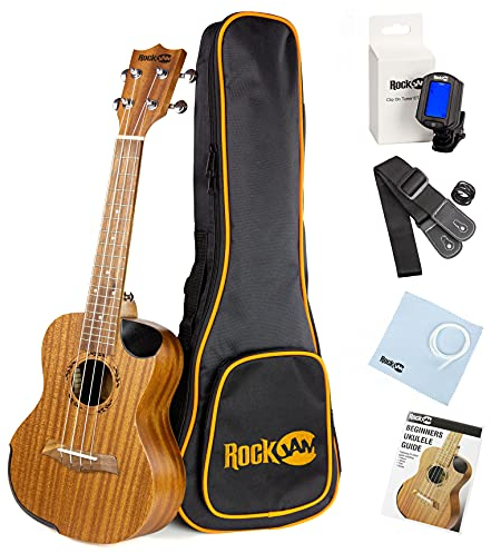 RockJam Premium Konzert-Ukulelen-Set mit Stimmgerät, Gigbag, Gurt, Plektren und Ersatzsaiten, 4, natur, voll (RJUK-712C-N)