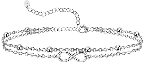 CHIC & ARTSY Infinity Fußkettchen 925 Sterling Silber Infinity geschichtetes Fußkettchen für Frauen Double Layer Infinity Fußkettchen Armband Cute Multi Layered Anklet Infinity Sign Chain Anklet