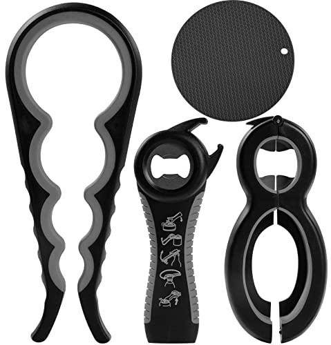 Jar Opener Set - 4 Pack Jar Opener for Weak Hands 6-in-1 5-in-1 Jar Bottle Openers for Seniors with Arthritis, 4-in-1 Jar Openers + Non Slip Lid Opener Gripper Pad (Black)