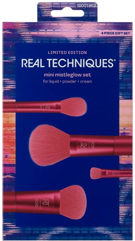 REAL TECHNIQUES Limited Edition Mini Mistleglow Makeup Brush Holiday Kit, For Liquid, Powder, and Cream Makeup, Stocking Stuffer, Pink, 4 Piece Set