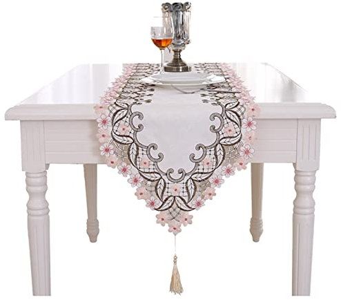 Skcess Chemin de Table Noel Rose Blanc, Chemin Table Broderie Fleur Polyester Chemin de Table 40x200cm Deco Boheme