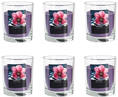 Duftkerze im Glas im 6er-Set - Kerze, Advent, Raumduft - Kein Ruß - Brenndauer: 25 Std. - viele Duftaromen – 7,0 x 7,7 cm (Aubergine - Duft: Wilde Orchidee)