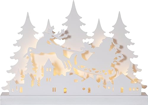 EGLO LED Weihnachtsdeko, Weihnachts-Silhouette aus Holz, Weihnachtsdorf mit Weihnachtsmann, Winterlandschaft in Weiß mit Timer und batteriebetriebener Beleuchtung, warmweiß, 42 x 30 cm