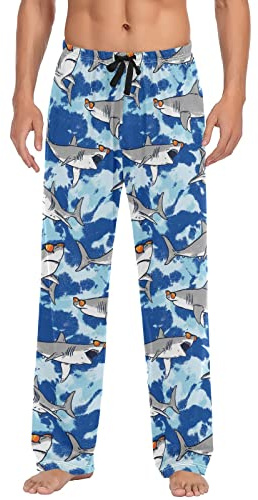 ODAWA Pyjamahose für Herren, nahtlose Kunststruktur, Schlaf-Loungehose mit Taschen, lange PJ Hose, Krawatte, Haifisch-Design, Large