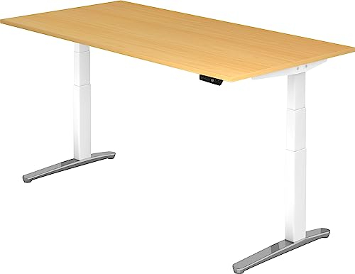 bümö elektrisch höhenverstellbarer Schreibtisch 200x100 cm mit Memory-Steuerung - Design Schreibtisch höhenverstellbar elektrisch, elektrischer Schreibtisch Buche, Gestell weiß/alu