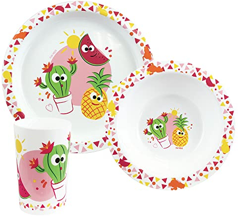 FUN HOUSE Les amis Fruits Essens-Set mit einem flachen Teller Ø 22 cm, einem Teller tief Ø 16 cm und einem Glas 220 ml für Kinder