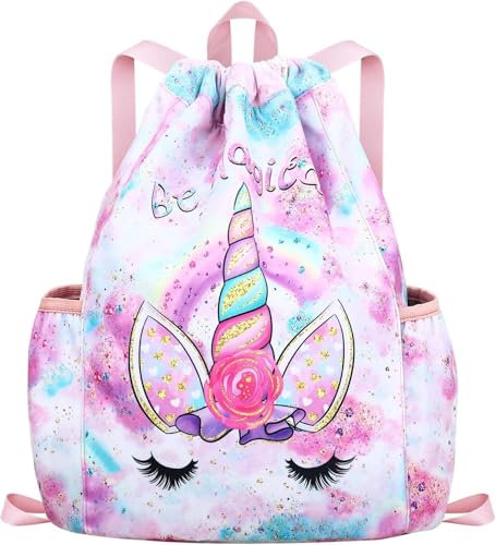 RHCPFOVR Sac à dos à cordon pour enfants - Sacs licorne pour filles Gym Dance Beach Swim Travel Bag