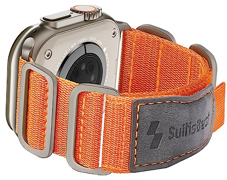 Suitisbest Armband Kompatibel mit Apple Watch 49mm 45mm 44mm 42mm, Nylon Sport Band mit Leder Klettverschluss für Apple Watch Ultra 2 / Ultra/Series 9 8 SE 7 6 5 4 3 2 1, Orange