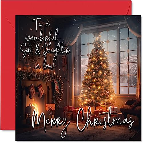 Traditionelle Weihnachtskarte für Sohn und Schwiegertochter – Merry Christmas to Son & Daughter in law – Happy Xmas Weihnachtskarte von Mama Papa, 145 mm x 145 mm, einzelne saisonale Grußkarten,