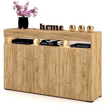 Euro Style Große Kommode mit 3 Türen + Led Schrank Sideboard Tv Schrank für Wohnzimmer/Schlafzimmer 135x90x40 cm, Golden Eiche- Golden Eiche