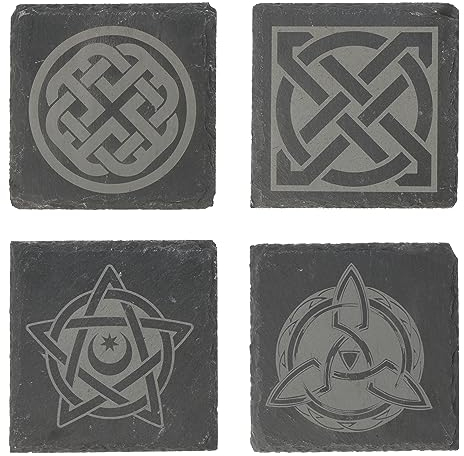 Lot de 4 dessous de verre en ardoise avec nœud celtique - Dessous de verre - Motifs mystiques - Gravure laser de qualité supérieure - Idée cadeau viking
