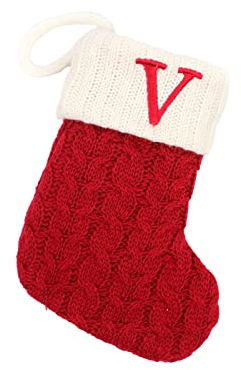 Weihnachtsstrümpfe mit Initialen, groß, gestickter Buchstabe, gestrickt, rot, weiß, Weihnachtsstrumpf für Familienurlaubsdekorationen und Weihnachtsbaumkamin Weihnachten (V, One Size)