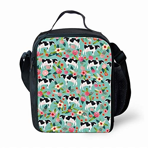 Lonchera vintage con estampado floral y vacas para la escuela, niños y niñas, pequeña lonchera aislada con bolsa ajustable y extraíble