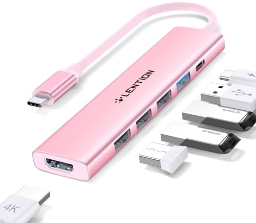 LENTION Hub USB C HDMI 4K, PD 100W, USB-A 3.0 y 2.0, Adaptador USB C para MacBook Pro 2024-2016, Nuevo Mac Air, Surface, iPhone Serie 16/15 y Más (CH17, Oro Rosa)