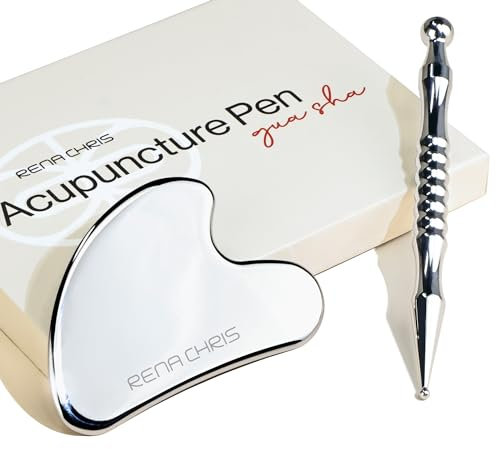 Rena Chris Gua Sha et stylo d'acupuncture en acier inoxydable, outil de réflexologie manuelle pour soulager les tensions musculaires et les douleurs avec diagramme de réflexologie