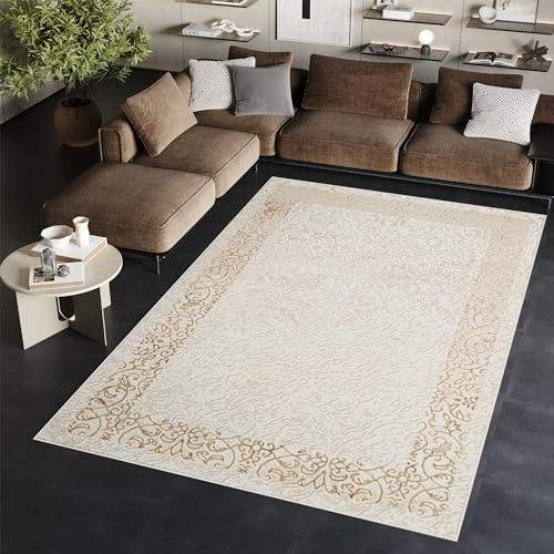 TAPISO Ares Teppich Kurzflor Glänzend Creme Beige Blumen 80 x 150 cm | Bordüre Barock Klassisch 3D Effekt Wohnzimmer Schlafzimmer OEKO-TEX