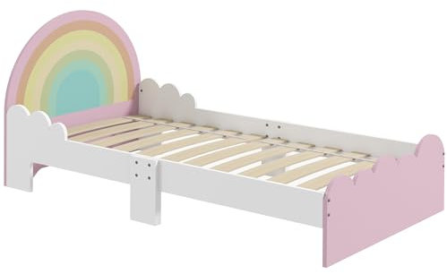 ZONEKIZ Lettino per Bambini 3-6 Anni con Sponde Laterali Anticaduta, Letto Bambini in MDF e Pannelli Multistrato, 143x74x66 cm, Bianco e Rosa
