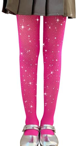 LOLANTA Confezione da 2 collant a rete per ragazze, collant con strass luccicanti per bambini, Calze a rete, Rosso rosa scintillante, 8-13 anni, XL