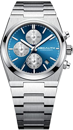 MEGALITH Herren Uhren Chronograph Analog: Silber Edelstahl 100M Wasserdicht Uhr Männer Zifferblatt Kalender Business Sport Design Blau