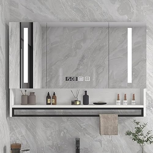 GArcan 100x80x13cm Armoire Miroir de Anti-buée pour Salle de Bain, Armoire de Toilette LED avec Bouton Tactile Intelligent, Horloge, 3 Niveaux Armoire à Pharmacie Mural (Color : Weiß, Size : 60x80