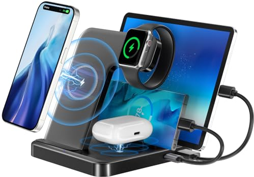 YSYFAD 5 in 1 Caricatore Wireless Charger, Caricatore USB C Multiplo 36W Stazione di Ricarica Fast Base di Caricabatterie Presa Multipla USB per i Phone Pad Apple Watch, Mezzanotte Nero
