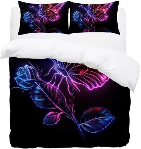 Luoweisi Parure de lit en microfibre avec housse de couette et taie d'oreiller Motif papillon Rose fluo