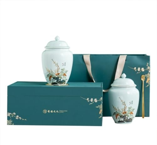 NASTYA Tea Organizer Loose Tea Storage Container Jar Ceramic Sealed Jar with Tea Spoon Home Kitchen Chinese Tea Set Double Jar Gift Box Set Tea Caddy