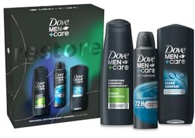 Dove Men+Care Restore Collection Clean Comfort Bodywash 250 ml, Anti-Perspirant 150 ml and 2 In 1 Fresh Clean Shampoo 250 ml 3 Pieces Gift Set for Him
