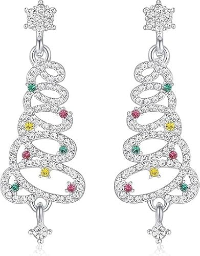 Weihnachtsohrringe Silber 925, Weihnachtsbaum Ohrstecker Damen, Baumeln Tropfen Ohrringe, Festliche Schmuck Weihnachtsferien Geschenk für Damen