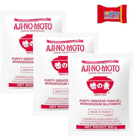 AJINOMOTO Monosodium Glutamat, (3 X 200 GR), Mononatriumglutamat (MSG), Hochwertiger Geschmacksverstärker für asiatische und internationale Küche, Mit Tony's Chocolonely Schokoladenriegel- Trinovi