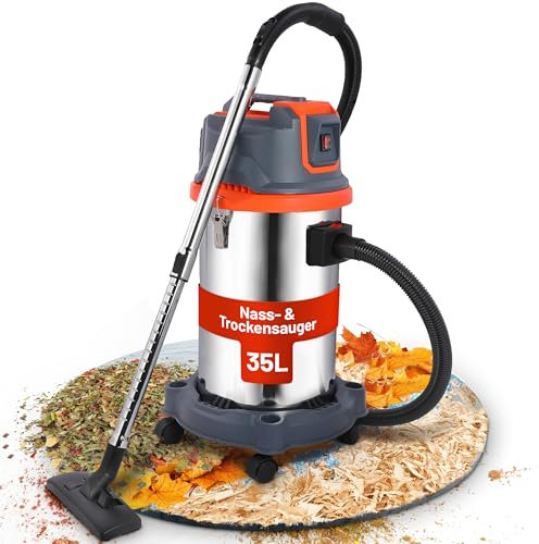 2mGoods 1500W industriestaubsauger 35L Orange, beutellos mit waschbarem Baumwollfilter gegen Feinstaub, nass- & trockensauger mit Kupfer-Doppelmotor & CoolAir-Technologie