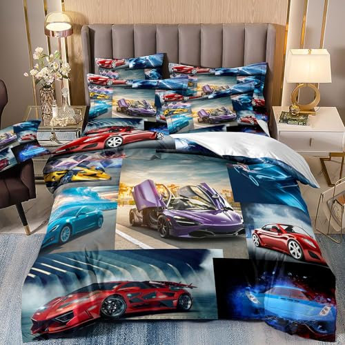 ZZTBQ Rennwagen Bettwäsche 220x240 3teilig Sportwagen 1 Bettbezug 240x220 cm + 2 Kissenbezüge 80X80 cm, Rot Blau Lila Cars Automotiv Bettwäsche-Sets Polyester Mikrofaser mit Reißverschluss