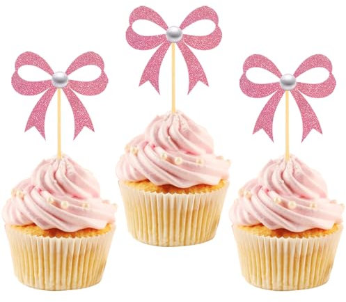 24Pcs Pink Bow Cupcake Toppers Pink Bow Birthday Decorations for Coquette Bridal Baby Shower Wedding Themed Party Decorations Supplies (bow)