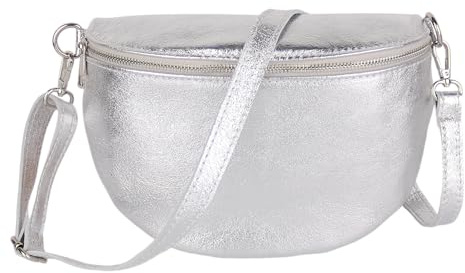 MIRROSI Damen Bauchtasche aus Echtleder, Made in Italy. Als Umhängetasche, Brust- oder Schultertasche tragbar, 26x20x8 cm, Reißverschlussfach hinten. (Metalic Silber Basic Version)