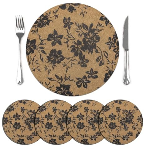 comfoyar Boho Round Cork Table Placemats with Rubber Back Set of 4 | 38cm Black Flower Printed Place Mats Non-Slip, Heat Resistant, Washable Waterproof, Table Mats for Kitchen Dining Decoration