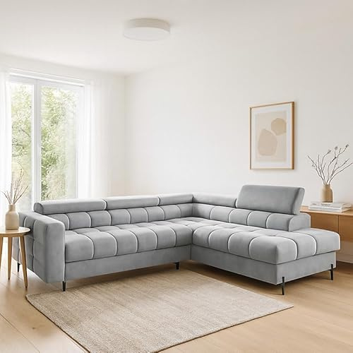 Agritrade AK Modern Ferucce Corner Sofa Bed with Storage Adjustable Headrests and Wavy Springs Light Grey Right Side