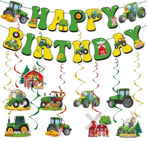 FDHBDF Farm Green Traktor Geburtstag Deko, 19 Stück Happy Birthday Banner hängende Wirbel Girlande für Jungen Kindergeburtstag Bauernhof Themenparty