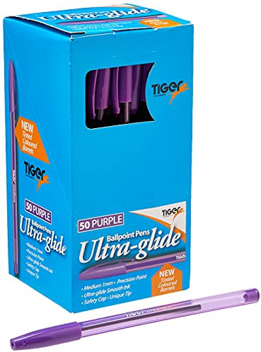 Tiger - Stylos à bille ultra-glissants, encre violette (boîte de 50 stylos violets)