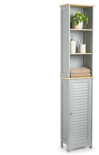 VonHaus Tall Bathroom Cabinet – Grey Bathroom Tallboy with Adjustable Shelves - Tall Storage with Shutter Style Door, 3 Internal & 3 Open Shelves - for Kitchen & Hallway - Grey Shrewsbury